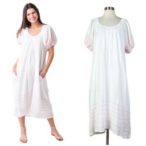 Sundry | Bubble Puff Sleeve White Cotton Red Embroidery Asymmetric Midi Dress XS